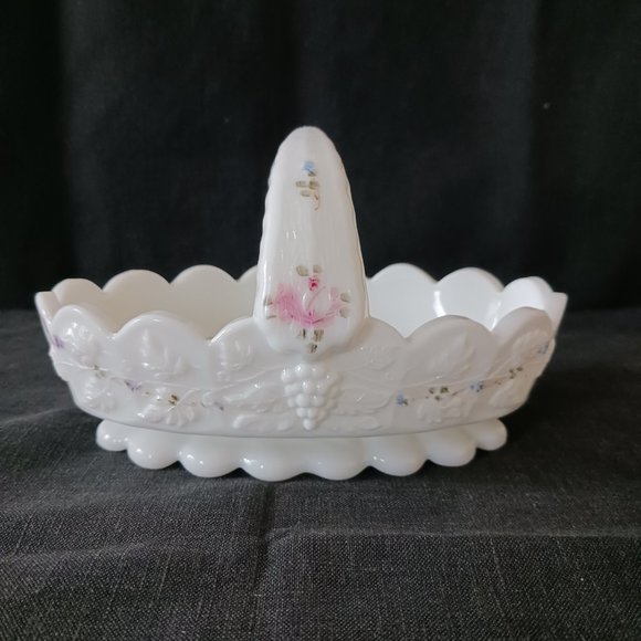 Westmoreland Milk Glass Paneled Grape Open Handled Basket Floral Hand Painted - Picture 1 of 7